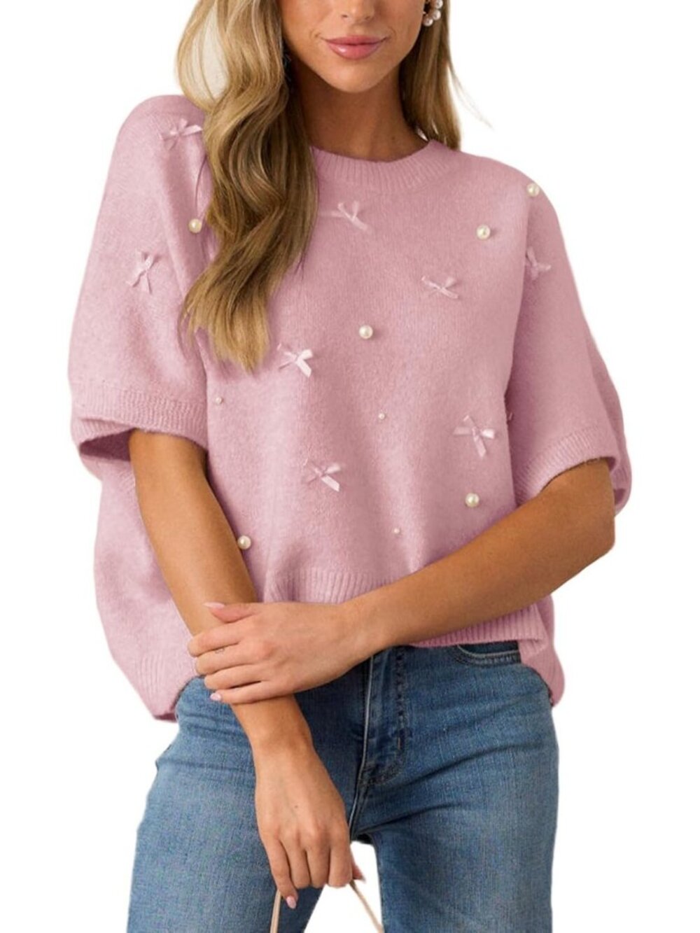 Chic Women's Cropped Bow Sweater - Short Sleeve Crewneck Pearl Top, Loose